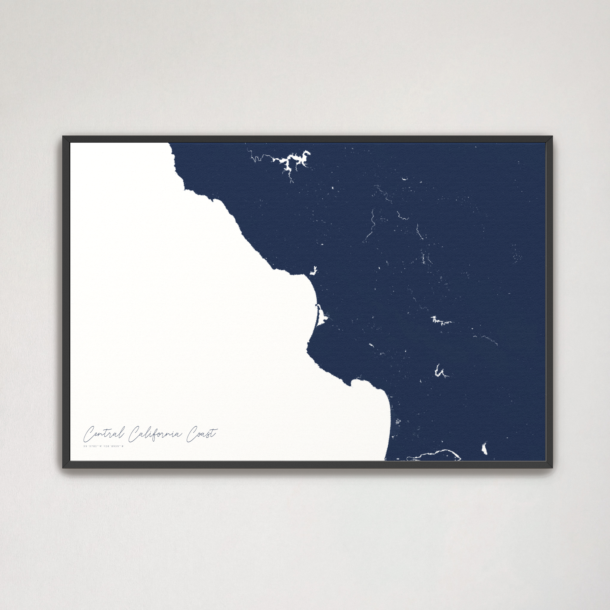 Central California Coast Coastal Map — Canvas Horizontal, navy, Black Frame