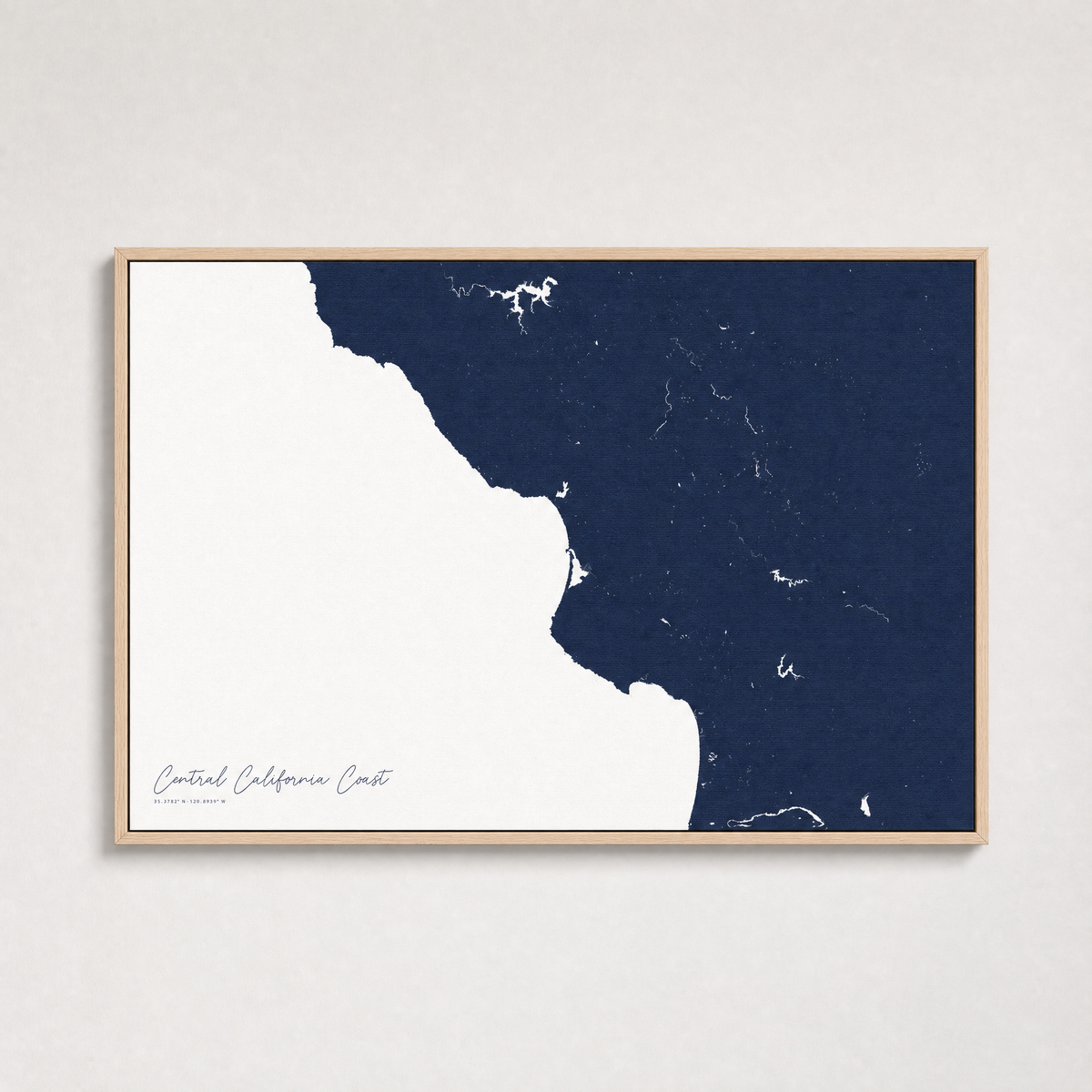 Central California Coast Coastal Map — Canvas Horizontal — navy, Light Wood