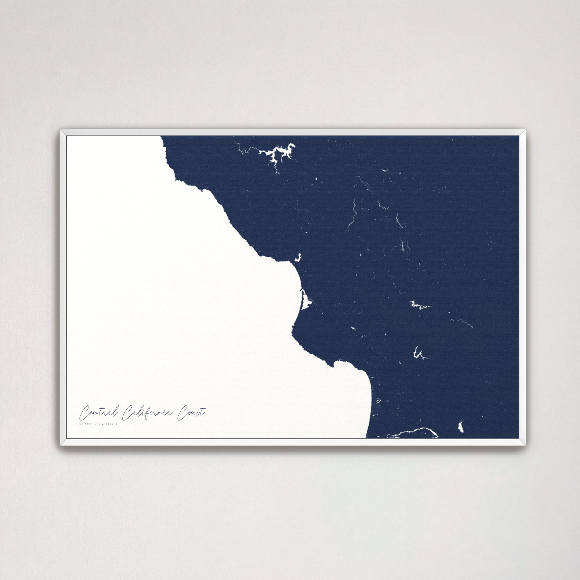 Central California Coast Coastal Map — Canvas Horizontal, navy, White Frame