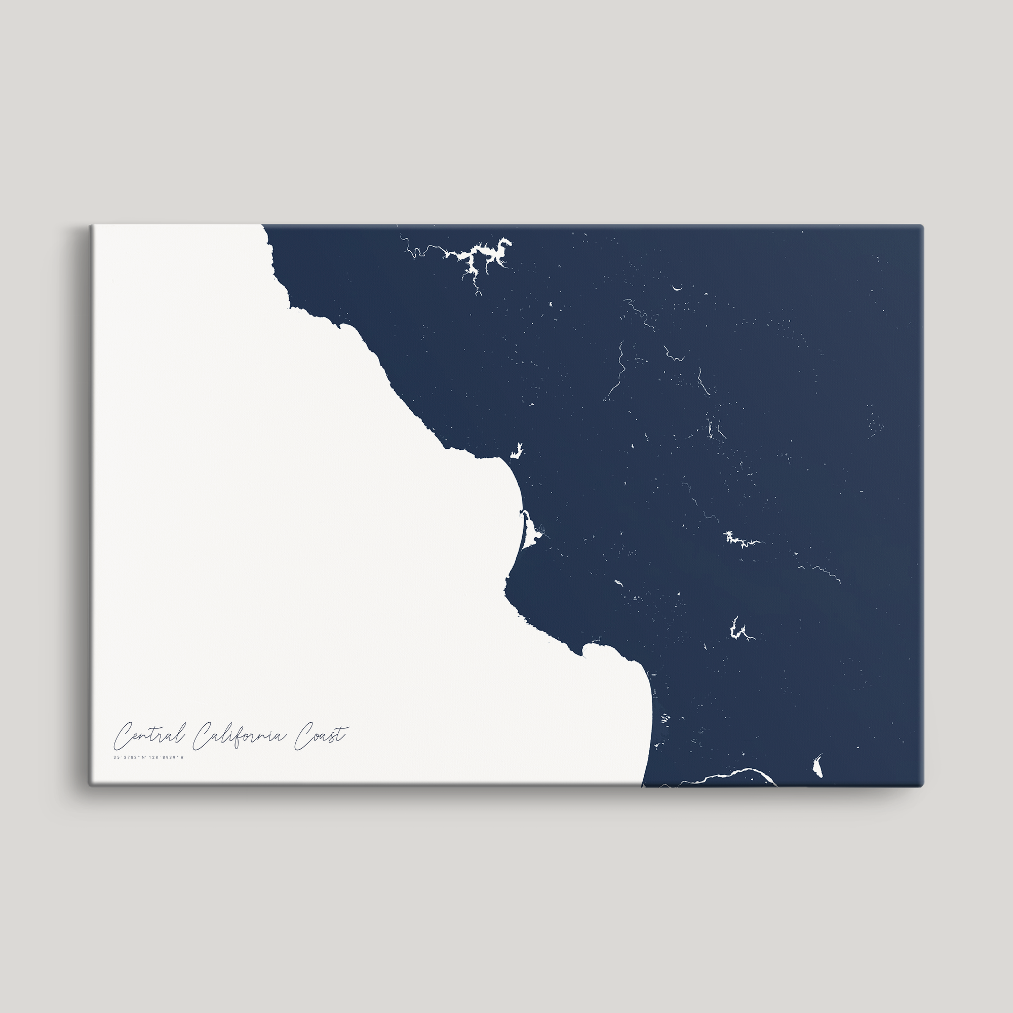 Central California Coast Coastal Map — Canvas Horizontal, navy, No Frame