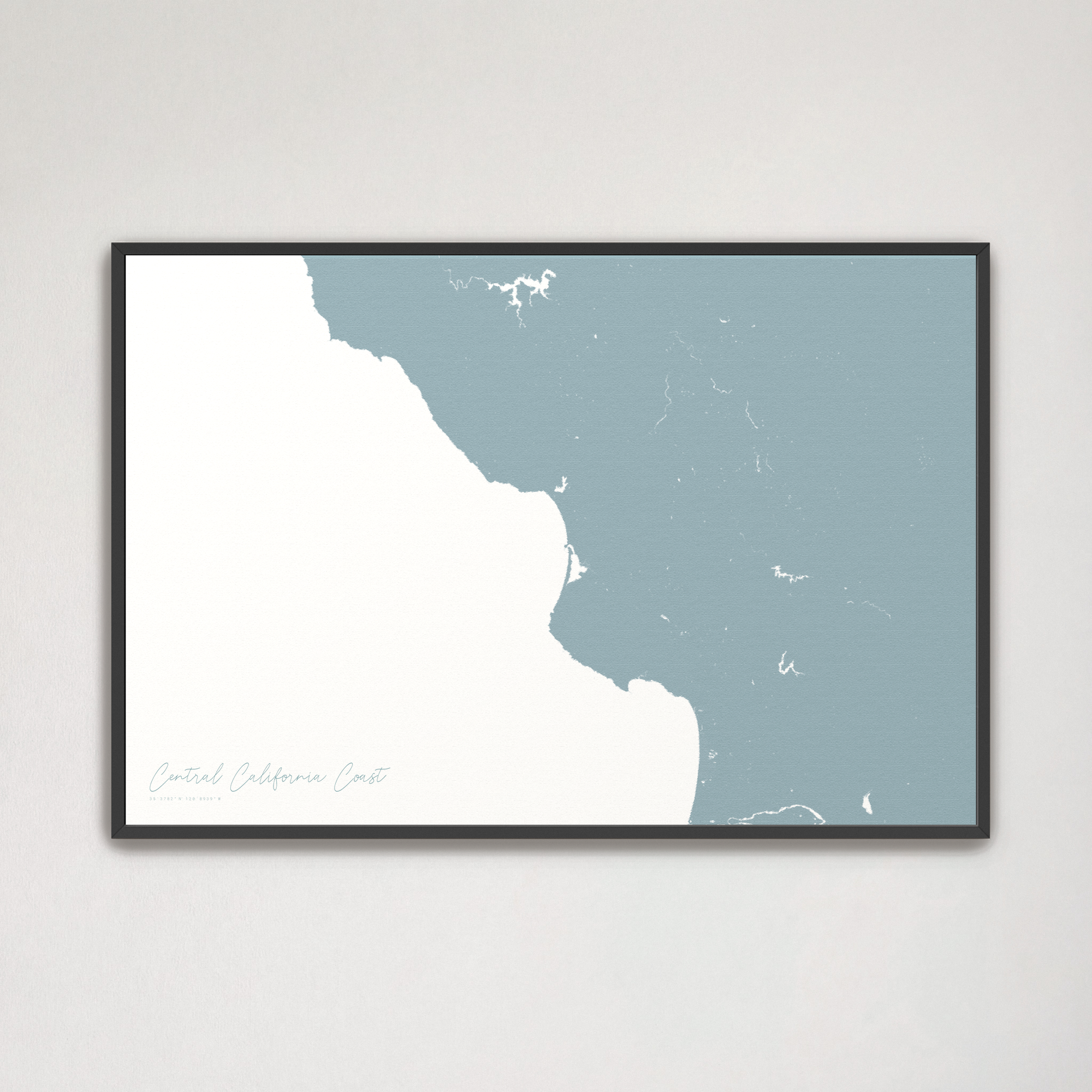 Central California Coast Coastal Map — Canvas Horizontal, soft-blue, Black Frame