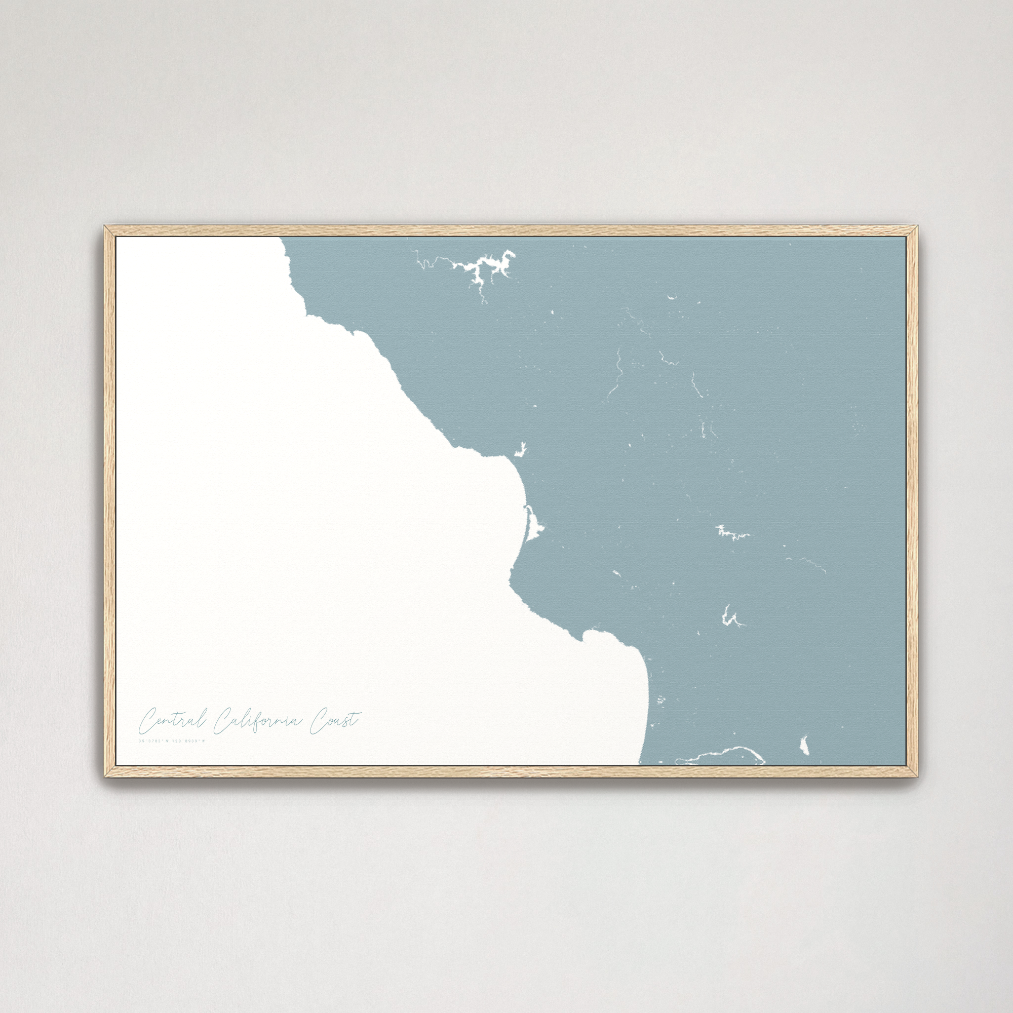 Central California Coast Coastal Map — Canvas Horizontal, soft-blue, Natural Oak