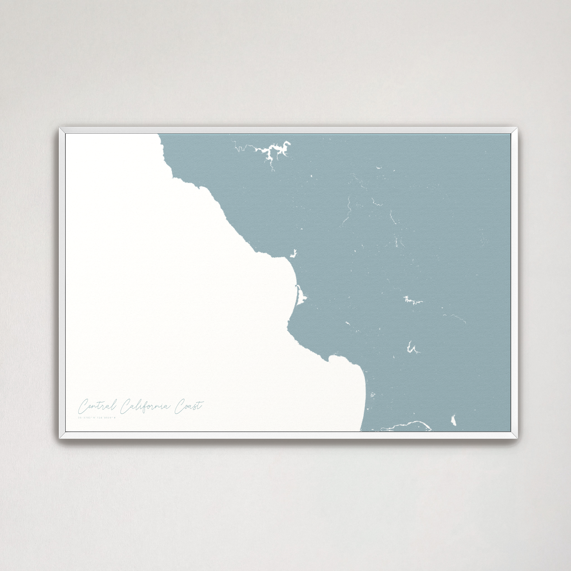 Central California Coast Coastal Map — Canvas Horizontal, soft-blue, White Frame