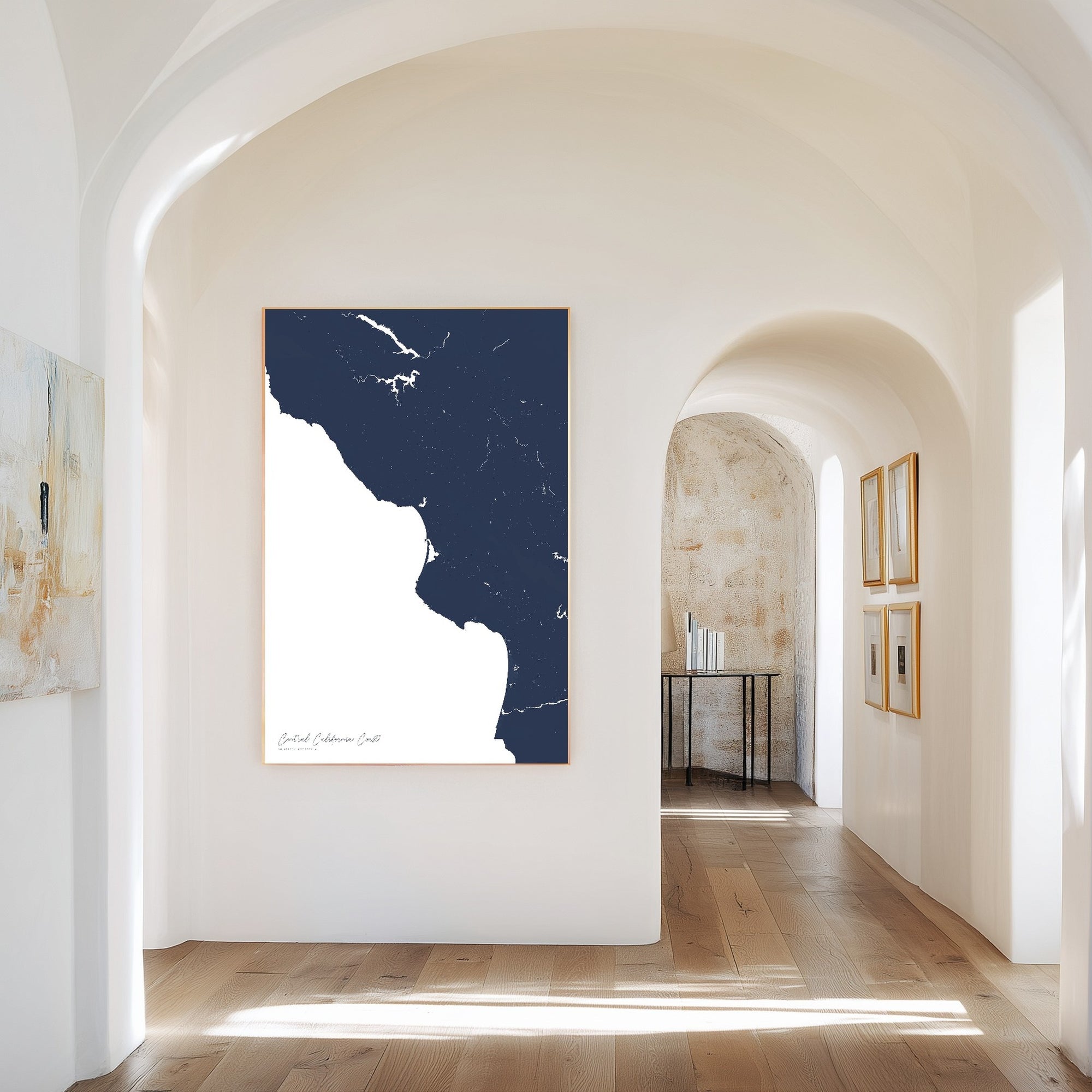 Central California Coast navy vertical canvas map in the Bello mixed room scene