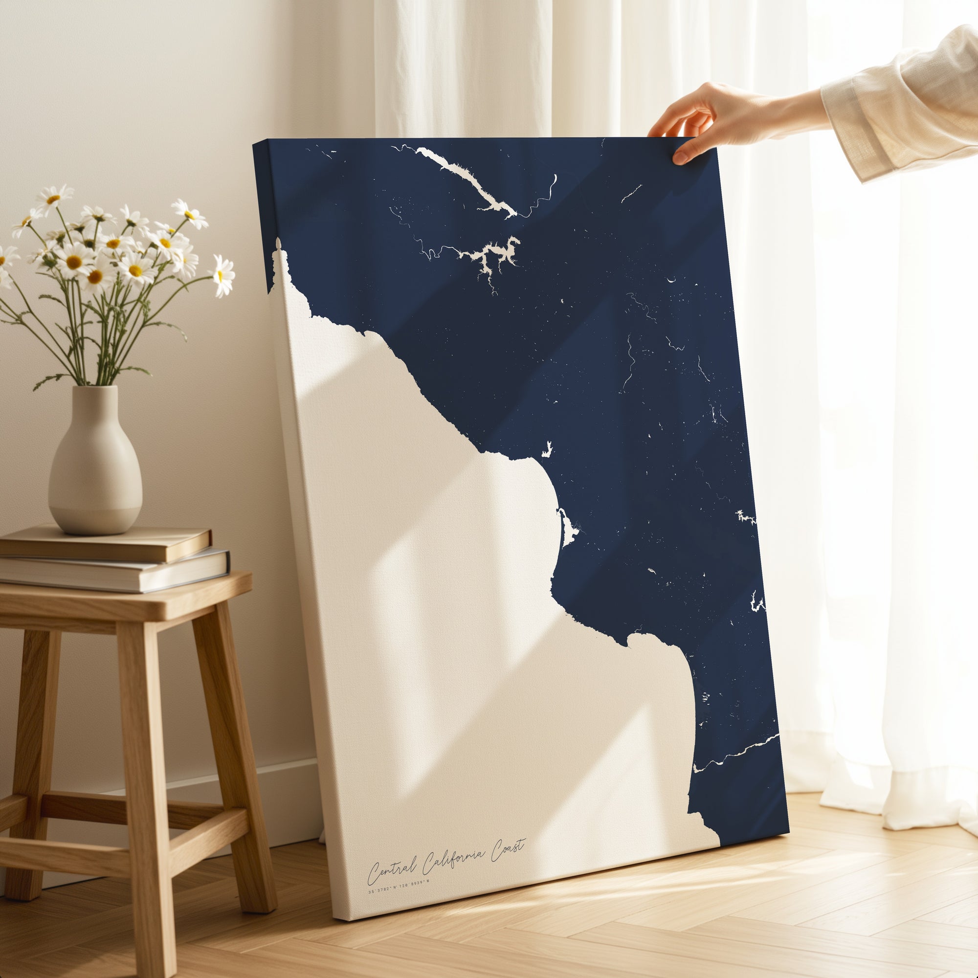 Central California Coast navy vertical wrapped canvas map in the ratio 2:3 hand mockup