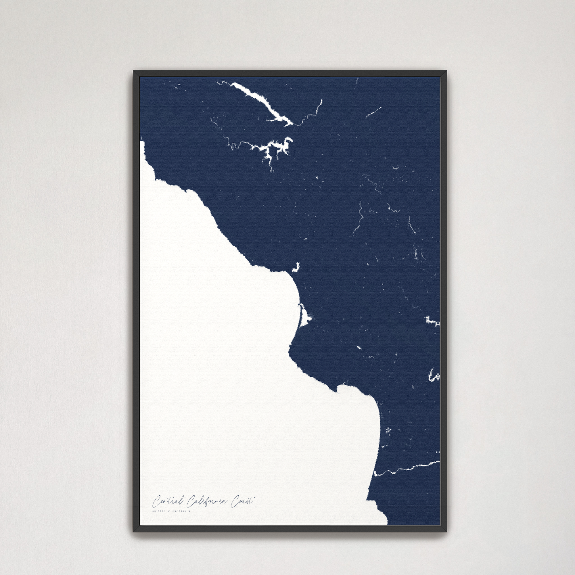 Central California Coast Coastal Map — Canvas Vertical, navy, Black Frame