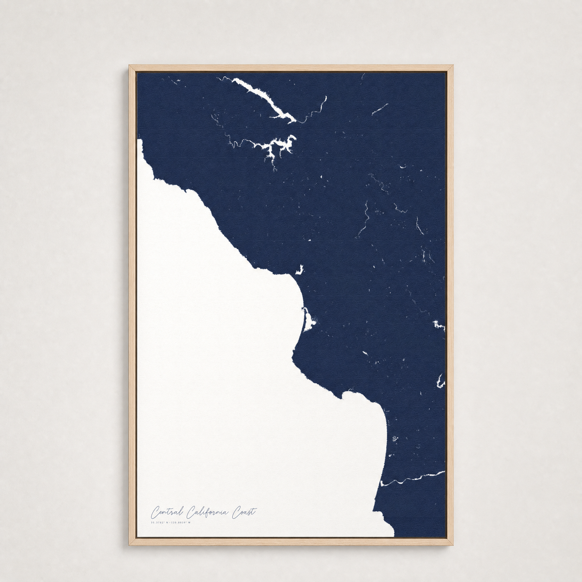 Central California Coast Coastal Map — Canvas Vertical — navy, Light Wood