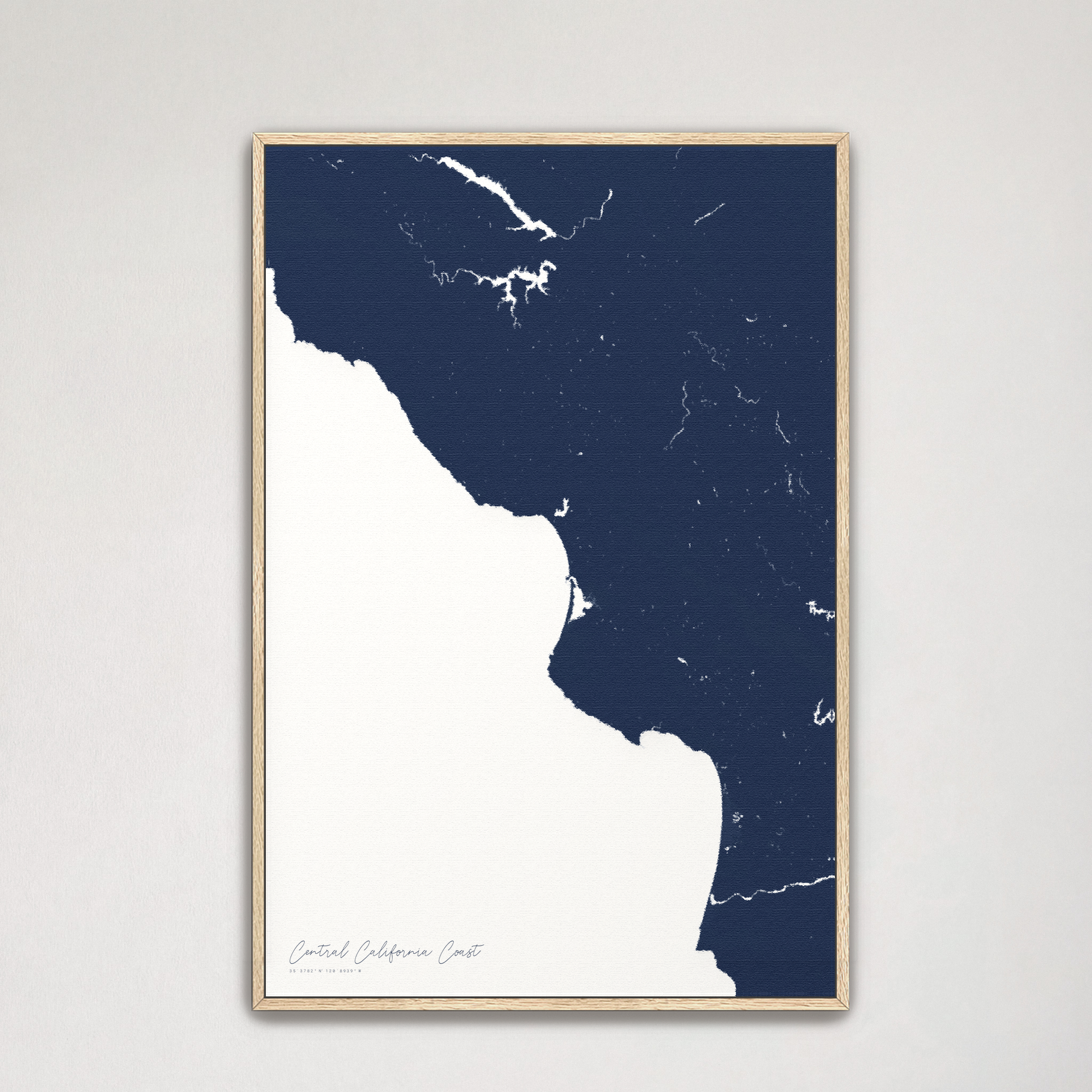 Central California Coast Coastal Map — Canvas Vertical, navy, Natural Oak