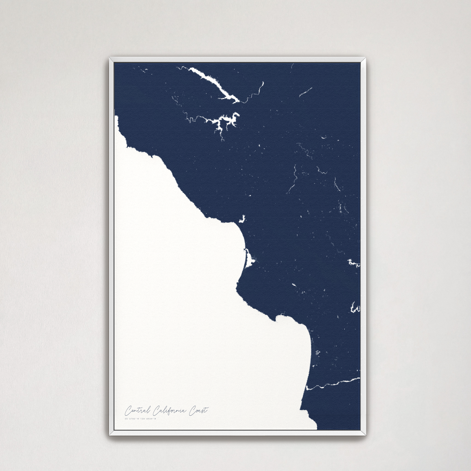 Central California Coast Coastal Map — Canvas Vertical, navy, White Frame