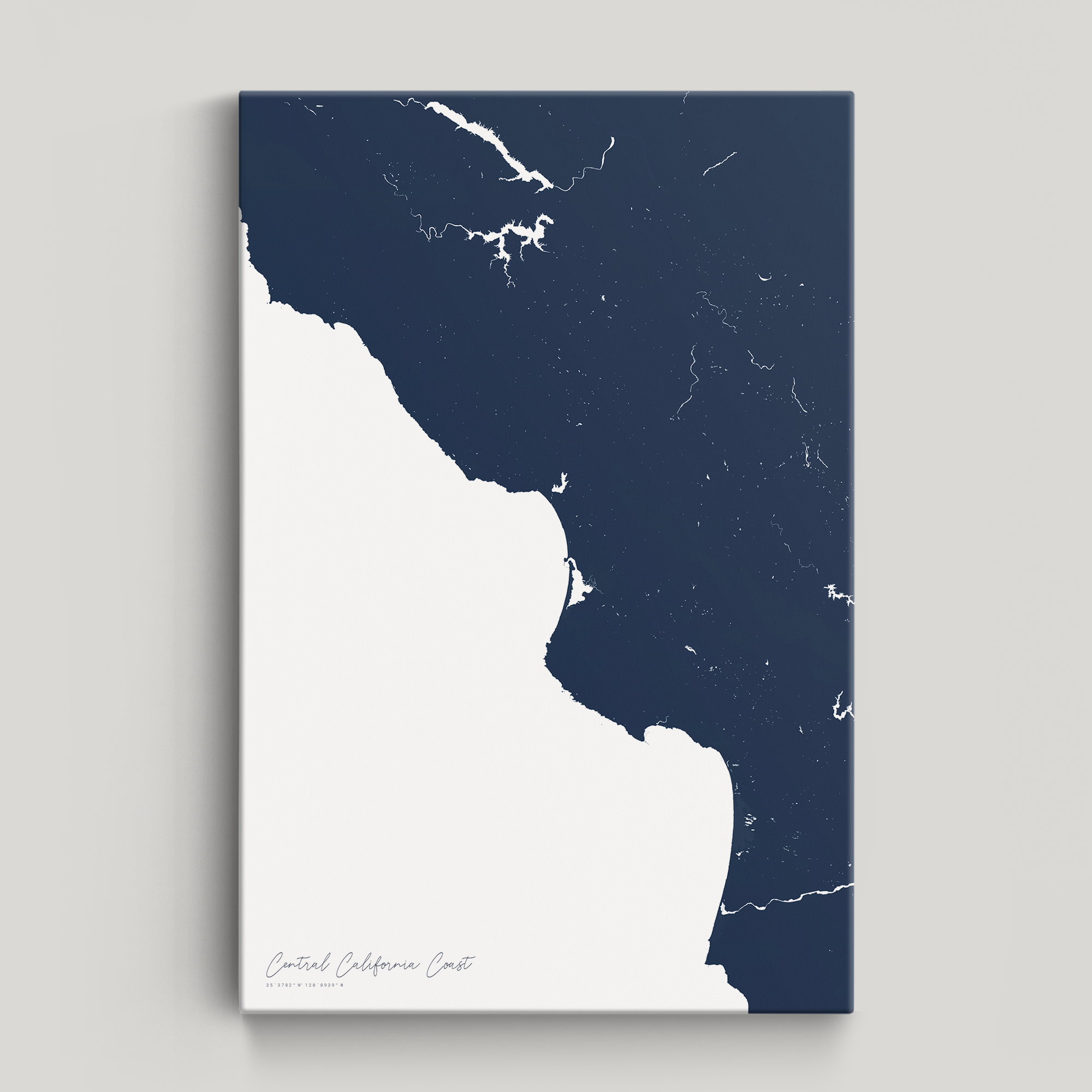 Central California Coast Coastal Map — Canvas Vertical, navy, No Frame