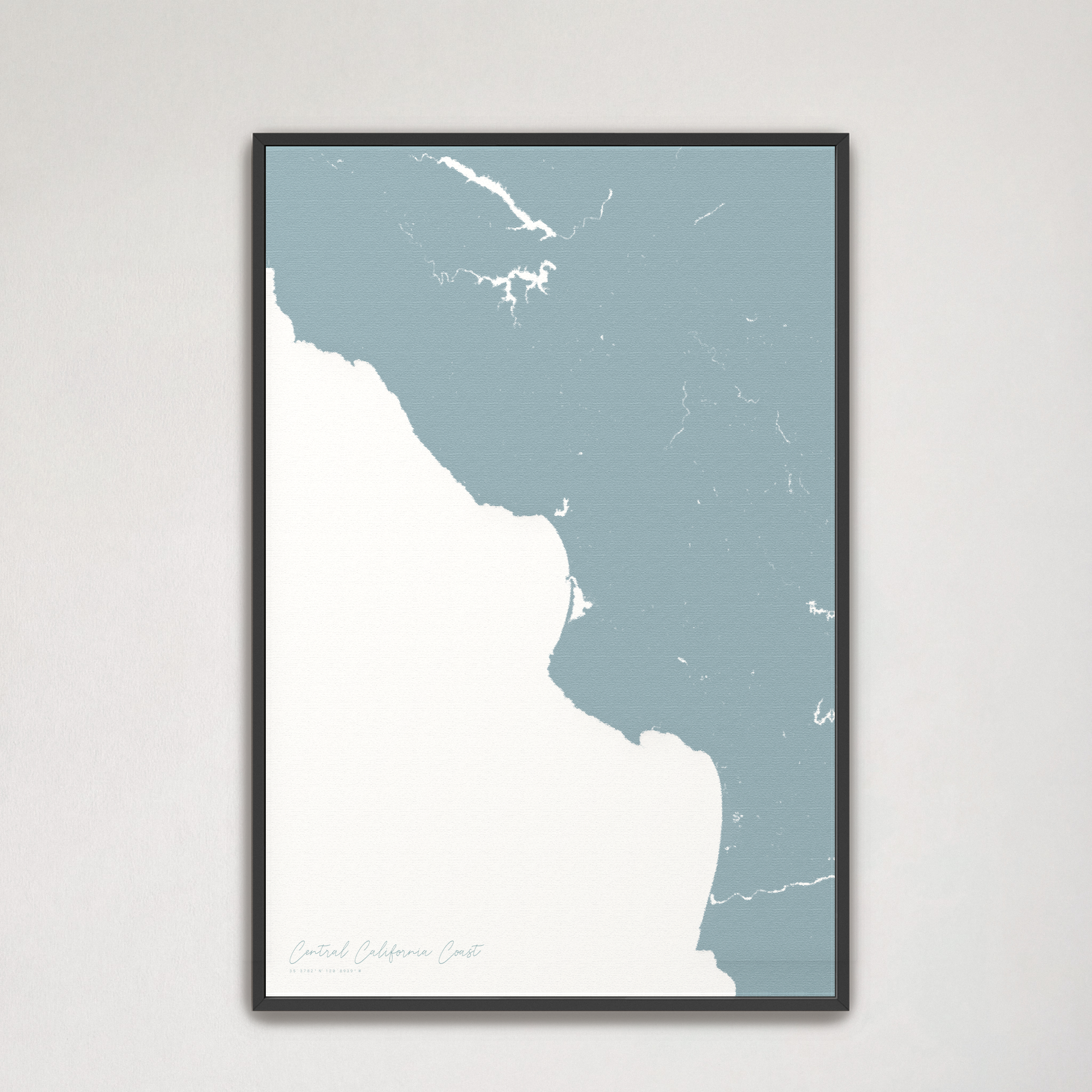 Central California Coast Coastal Map — Canvas Vertical, soft-blue, Black Frame