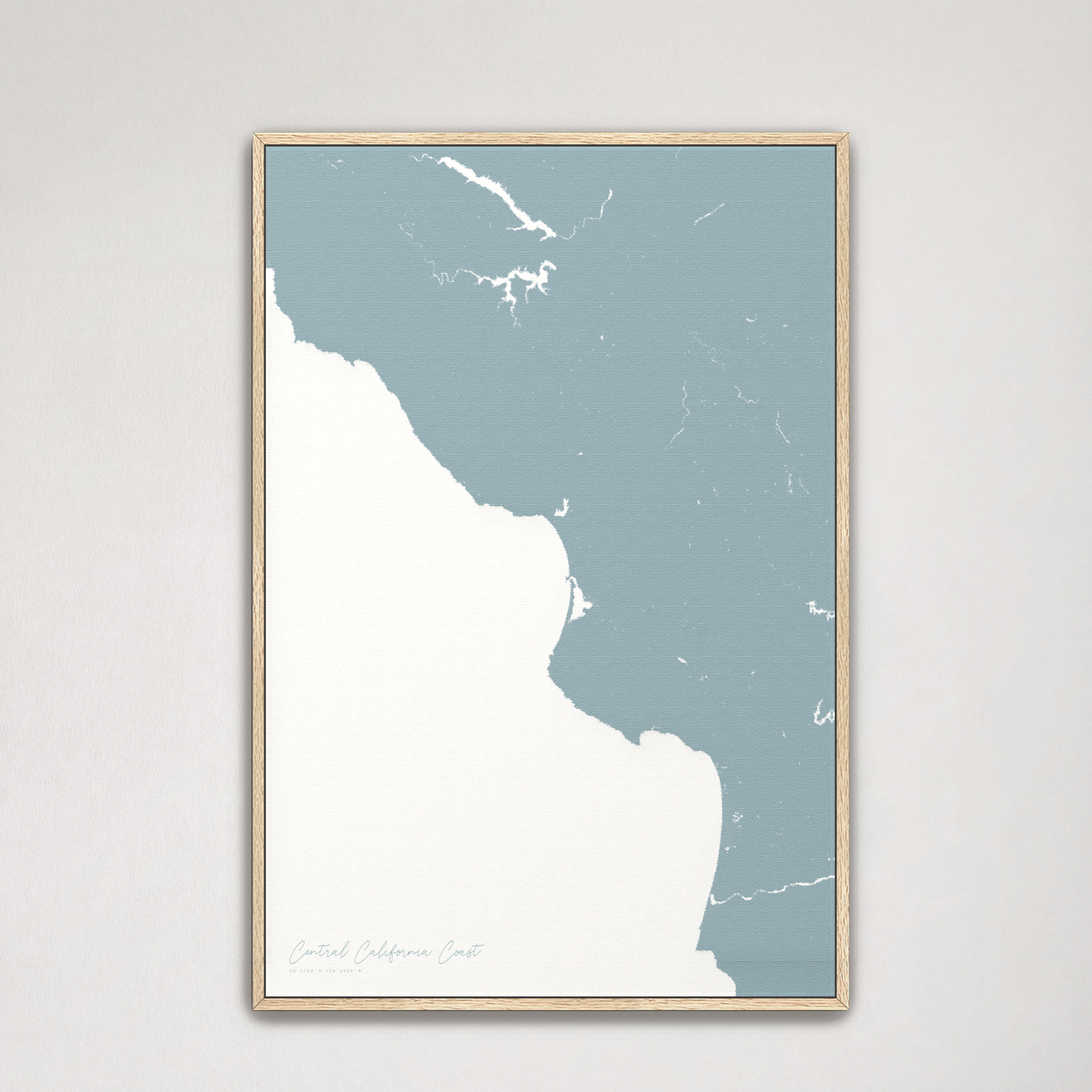 Central California Coast Coastal Map — Canvas Vertical, soft-blue, Natural Oak