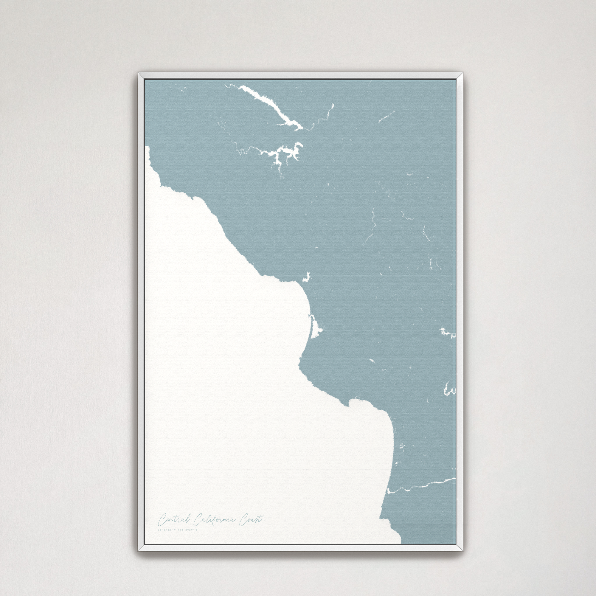 Central California Coast Coastal Map — Canvas Vertical, soft-blue, White Frame