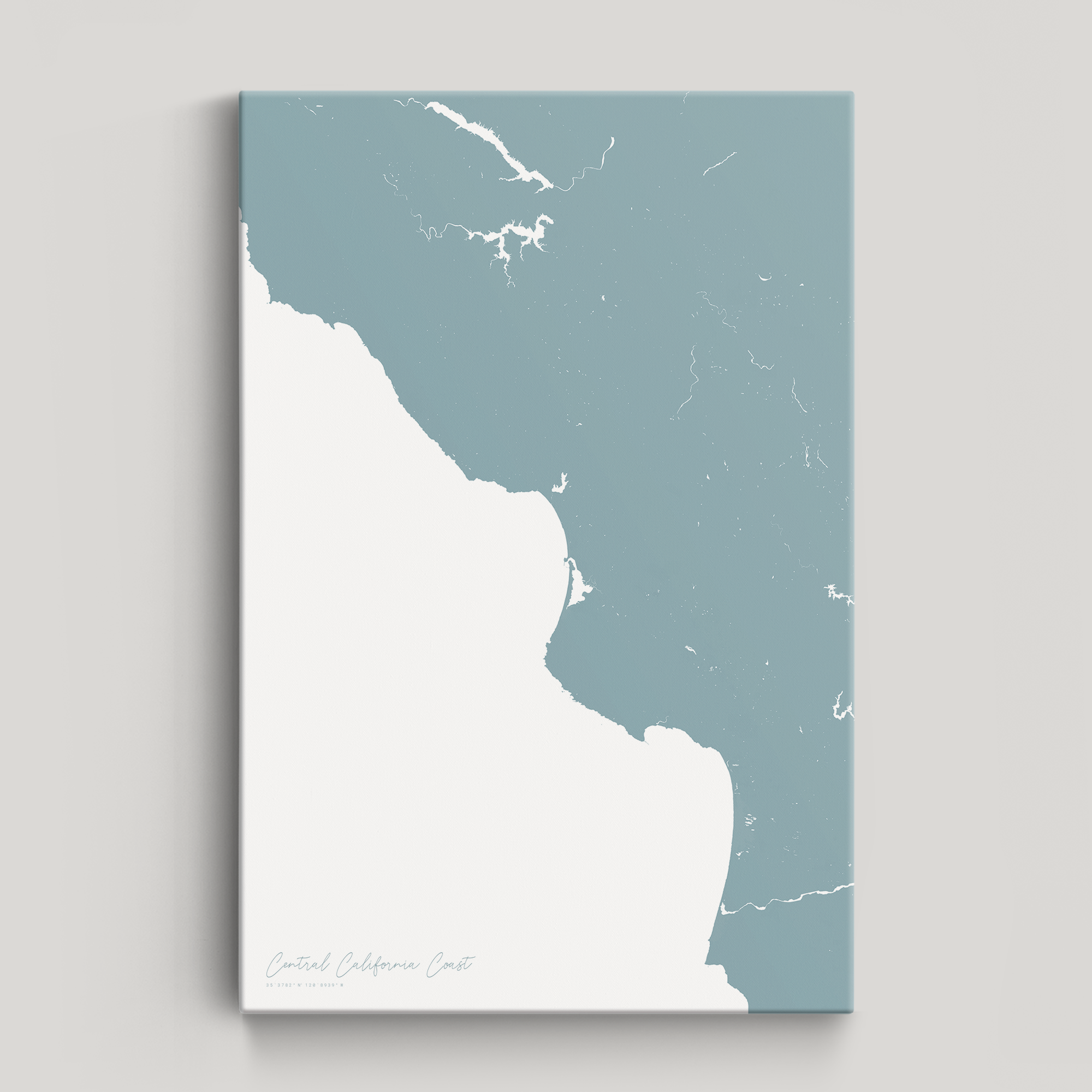 Central California Coast Coastal Map — Canvas Vertical, soft-blue, No Frame