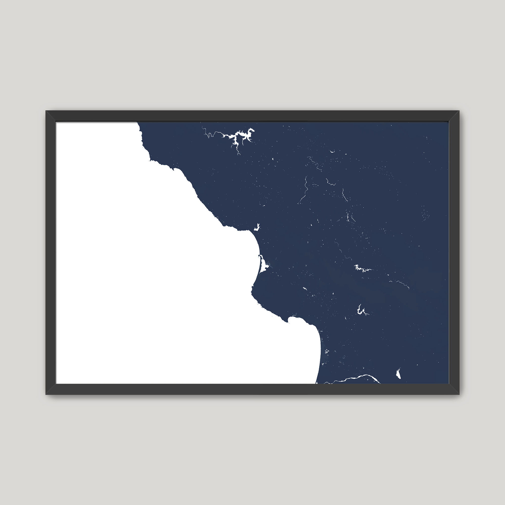 Central California Coast Coastal Map — Fine Art Print Horizontal, navy, Black Frame, 10x8