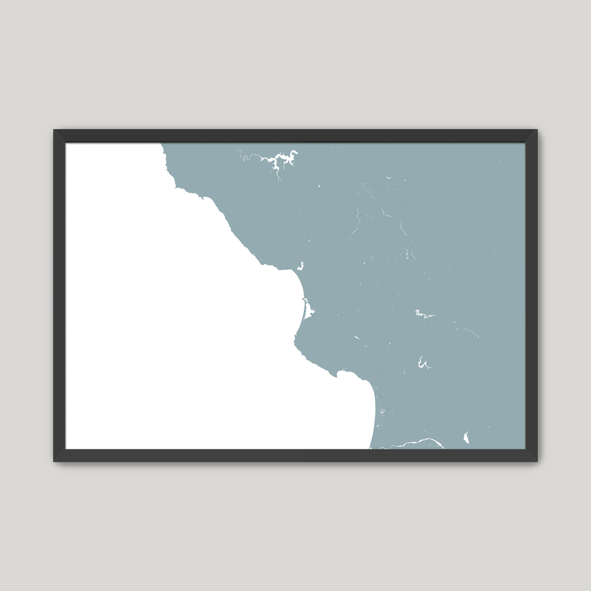 Central California Coast Coastal Map — Fine Art Print Horizontal, soft-blue, Black Frame, 10x8