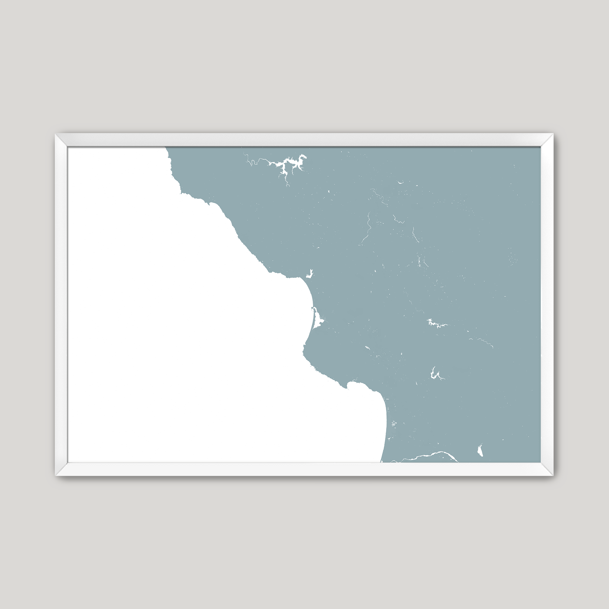 Central California Coast Coastal Map — Fine Art Print Horizontal, soft-blue, White Frame, 10x8