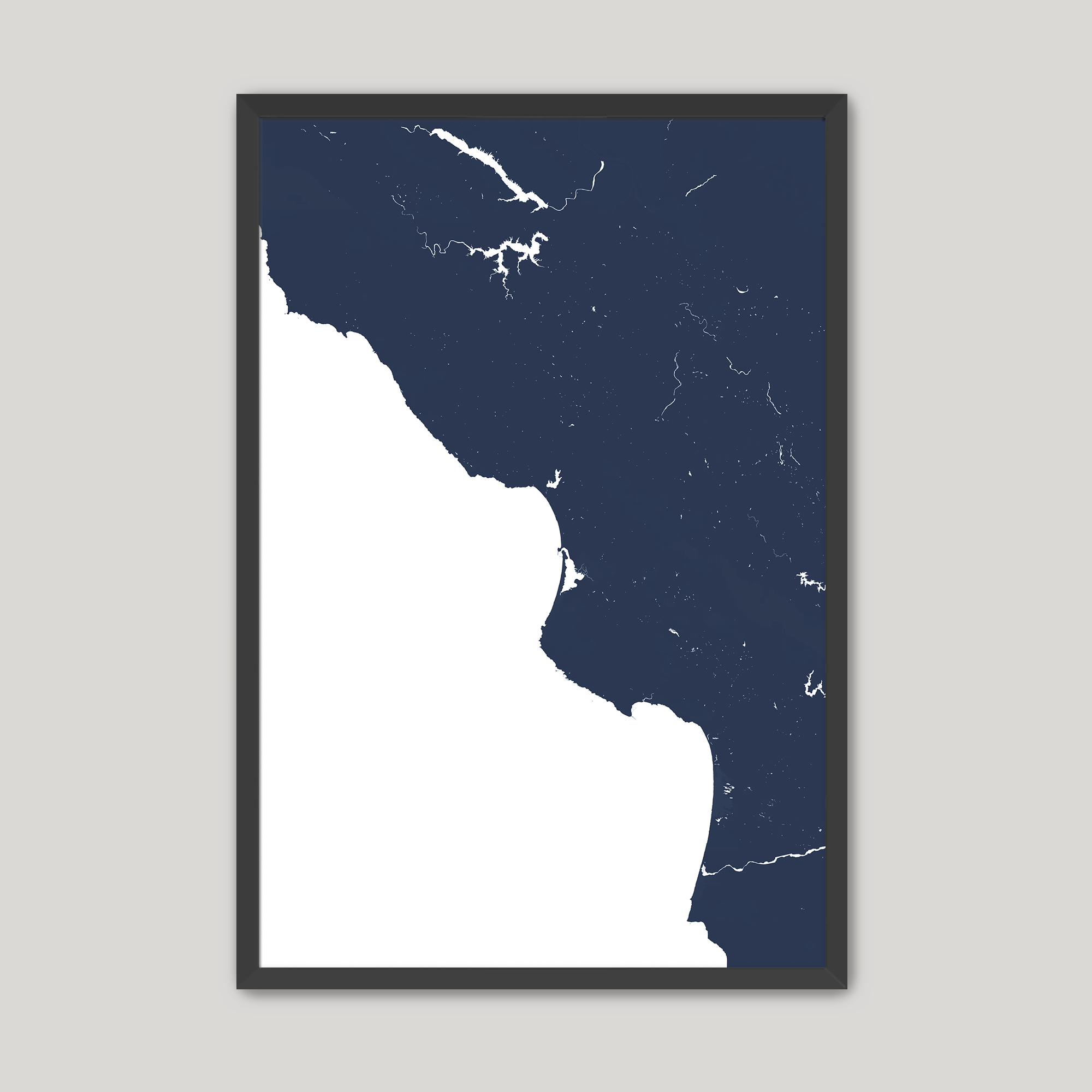 Central California Coast Coastal Map — Fine Art Print Vertical, navy, Black Frame, 8x10