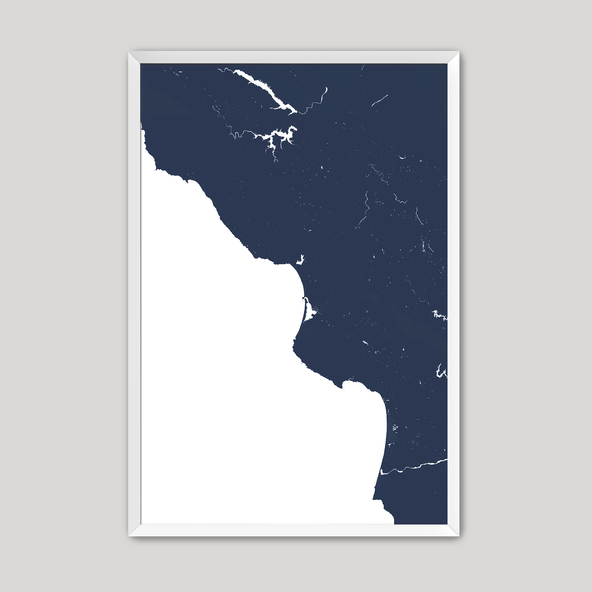 Central California Coast Coastal Map — Fine Art Print Vertical, navy, White Frame, 8x10