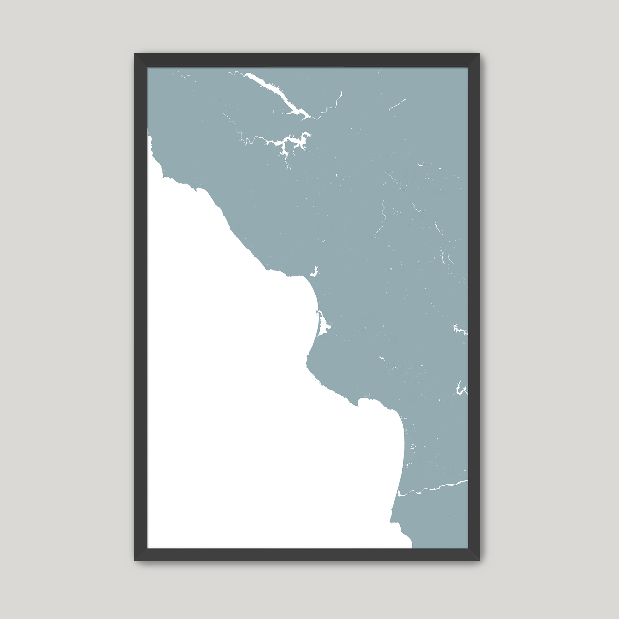 Central California Coast Coastal Map — Fine Art Print Vertical, soft-blue, Black Frame, 8x10