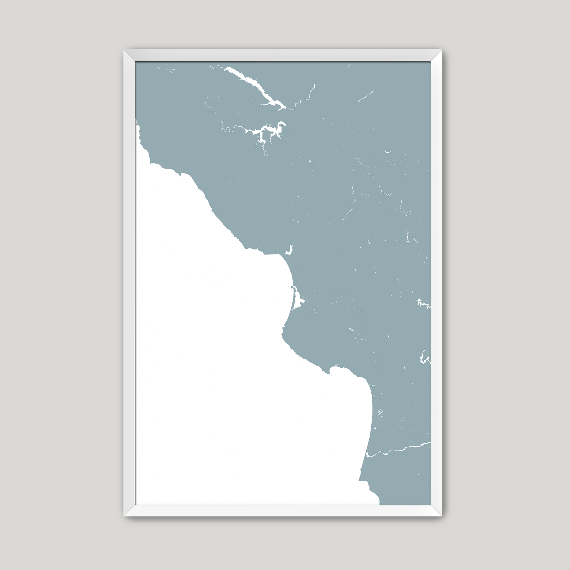 Central California Coast Coastal Map — Fine Art Print Vertical, soft-blue, White Frame, 8x10