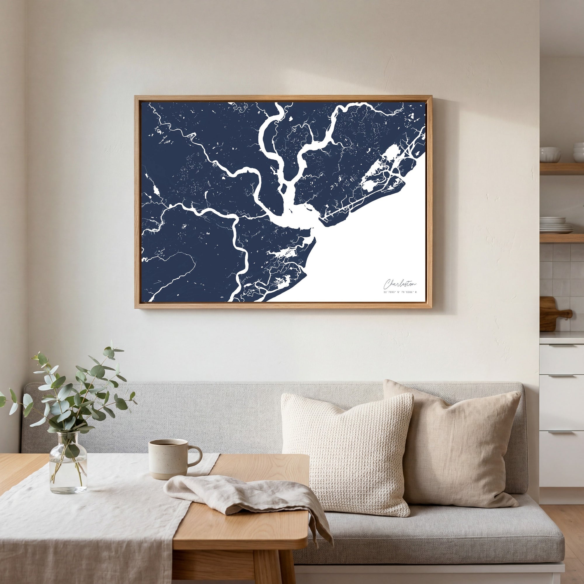Charleston navy horizontal canvas map in an oak framed room scene