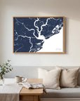 Charleston navy horizontal canvas map in an oak framed room scene