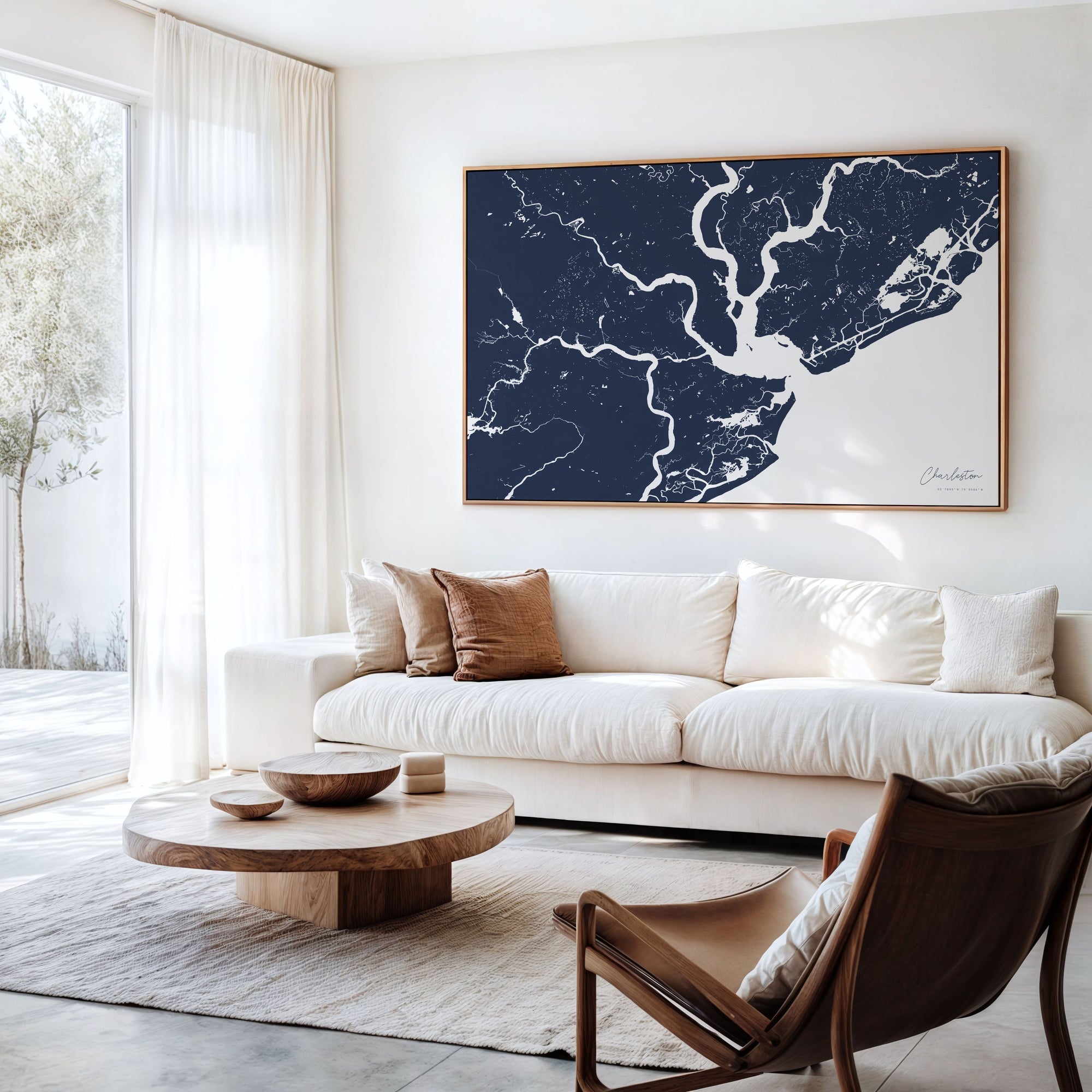 Charleston navy horizontal canvas map in an oak framed room scene
