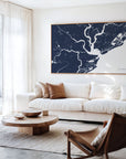 Charleston navy horizontal canvas map in an oak framed room scene