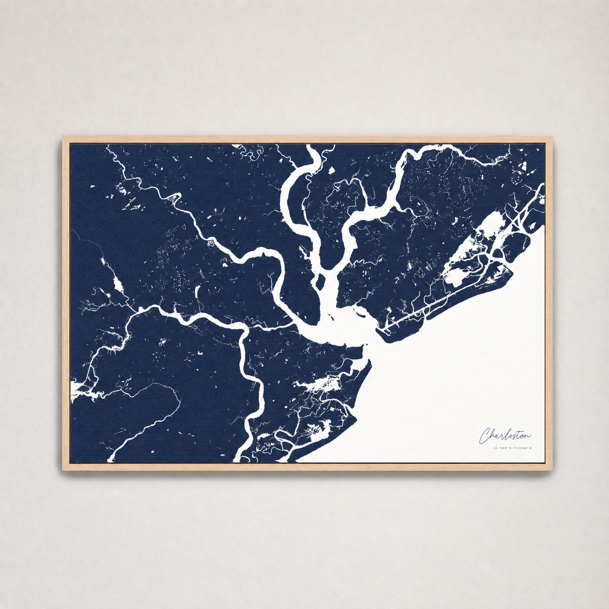 Charleston Coastal Map — Canvas Horizontal — navy, Light Wood