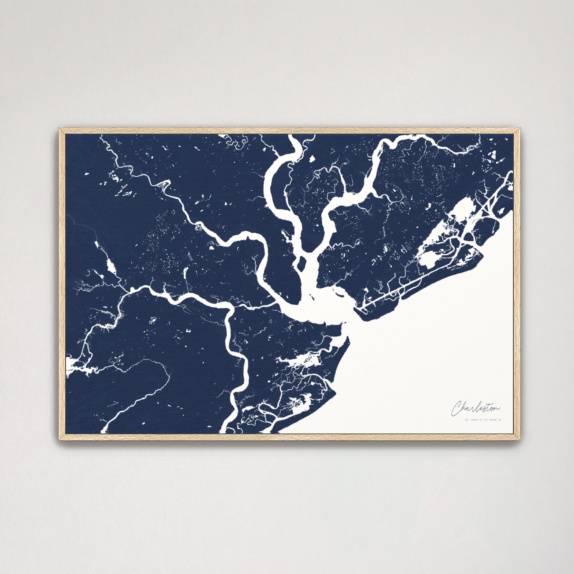 Charleston Coastal Map — Canvas Horizontal, navy, Natural Oak