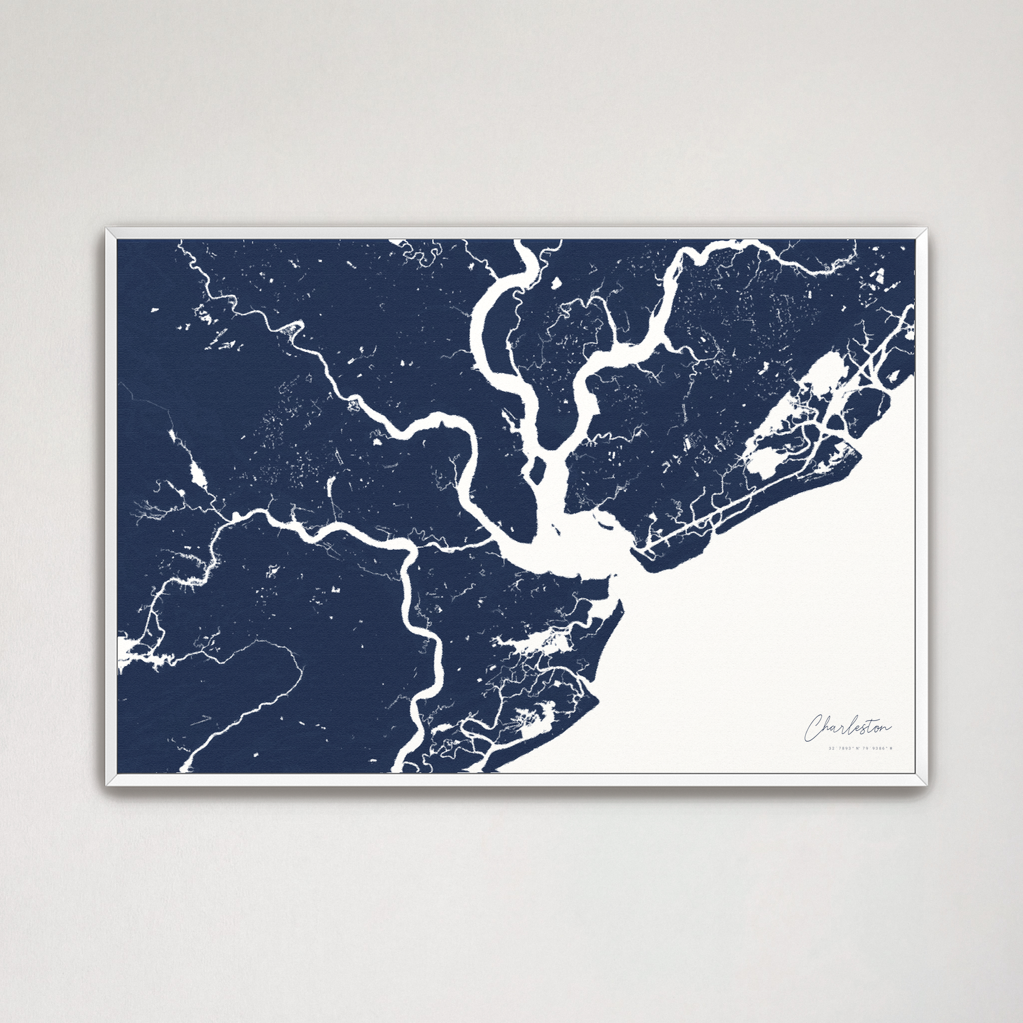 Charleston Coastal Map — Canvas Horizontal, navy, White Frame