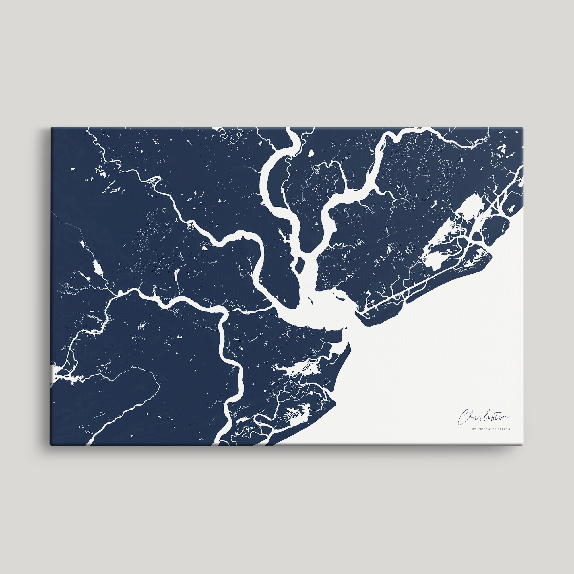 Charleston Coastal Map — Canvas Horizontal, navy, No Frame