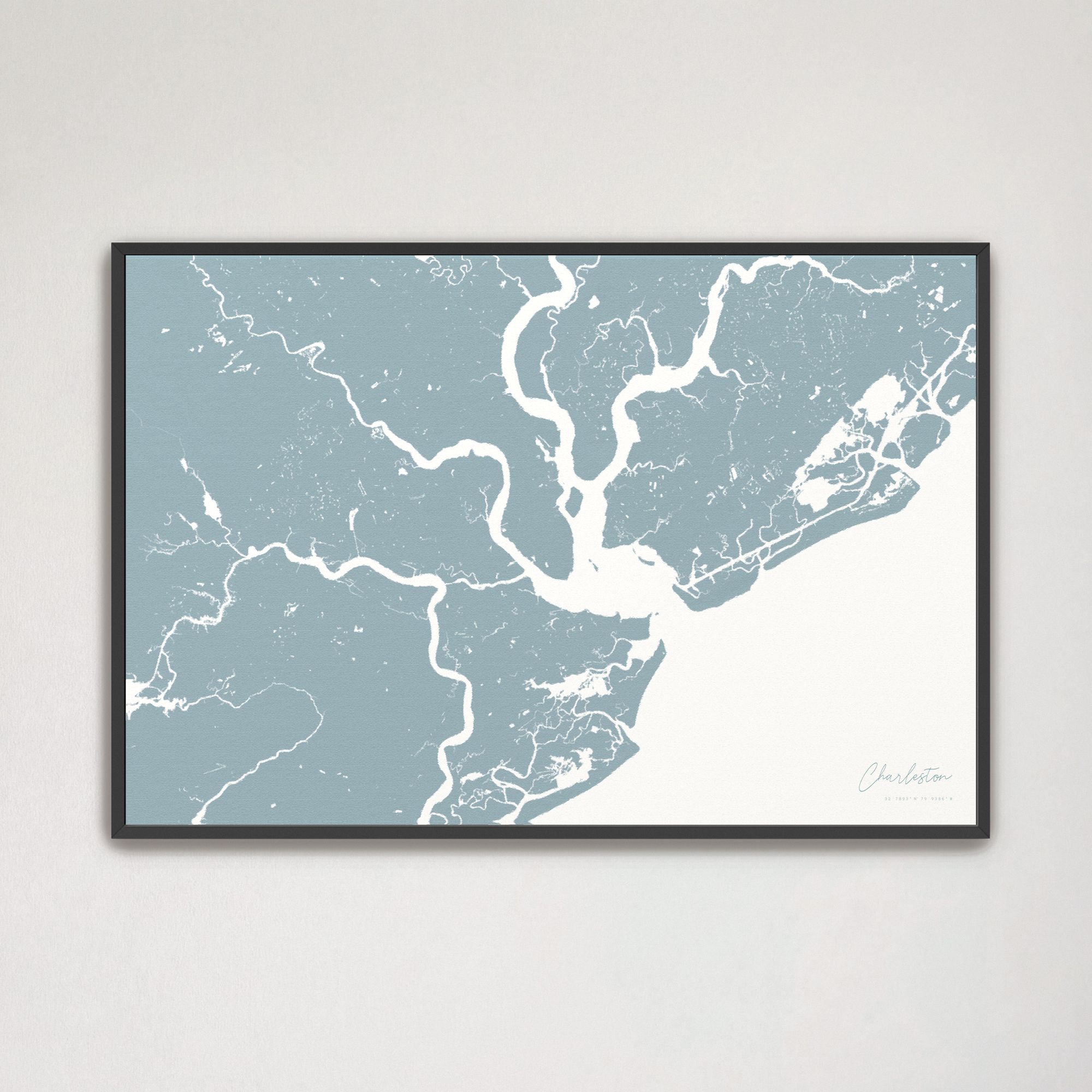 Charleston Coastal Map — Canvas Horizontal, soft-blue, Black Frame