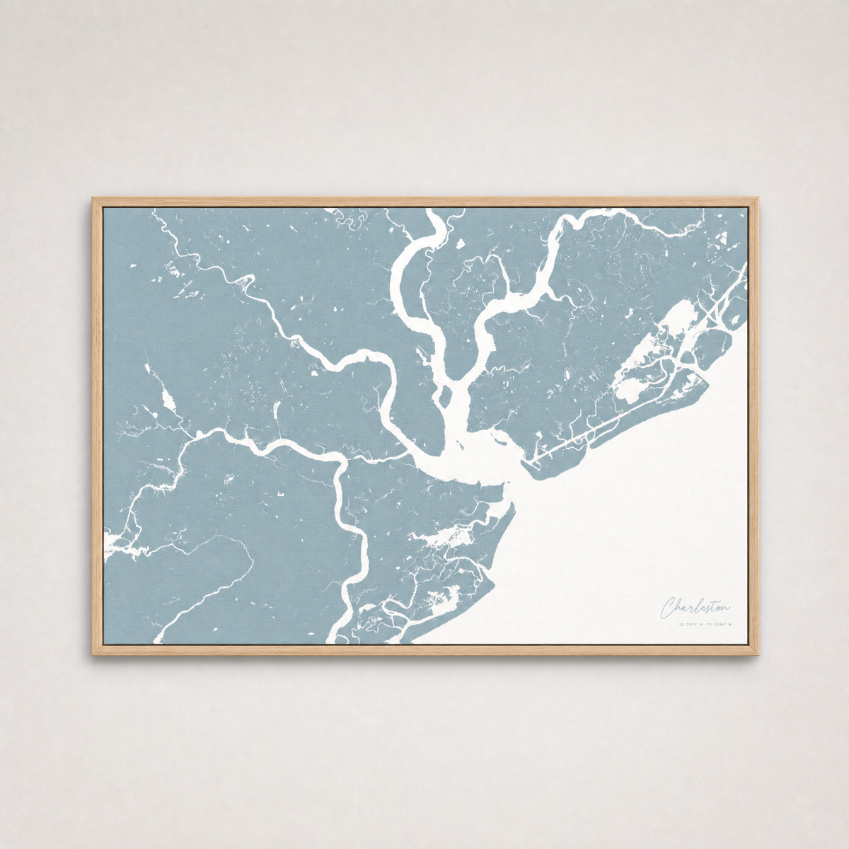 Charleston Coastal Map — Canvas Horizontal — soft-blue, Light Wood