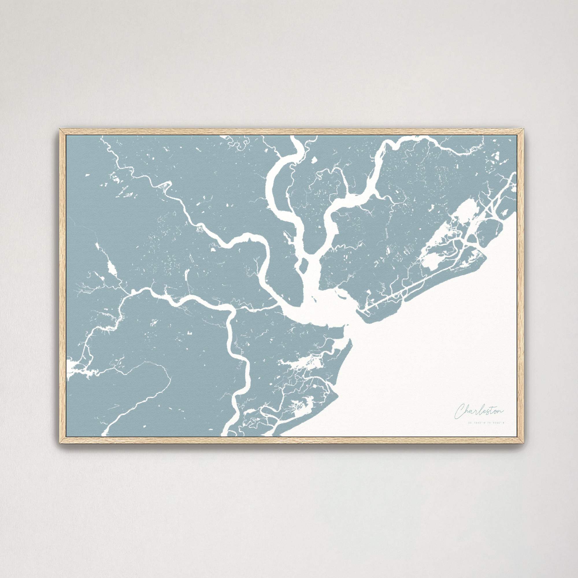 Charleston Coastal Map — Canvas Horizontal, soft-blue, Natural Oak