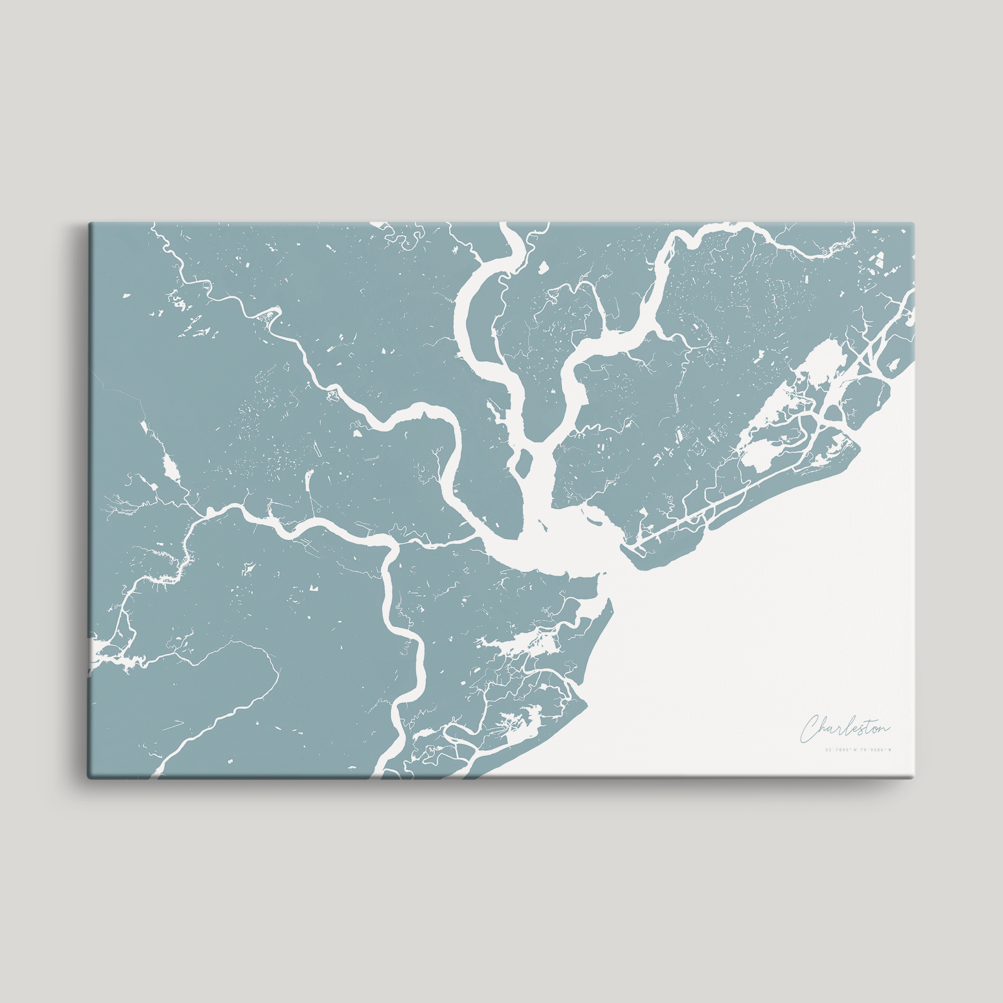 Charleston Coastal Map — Canvas Horizontal, soft-blue, No Frame