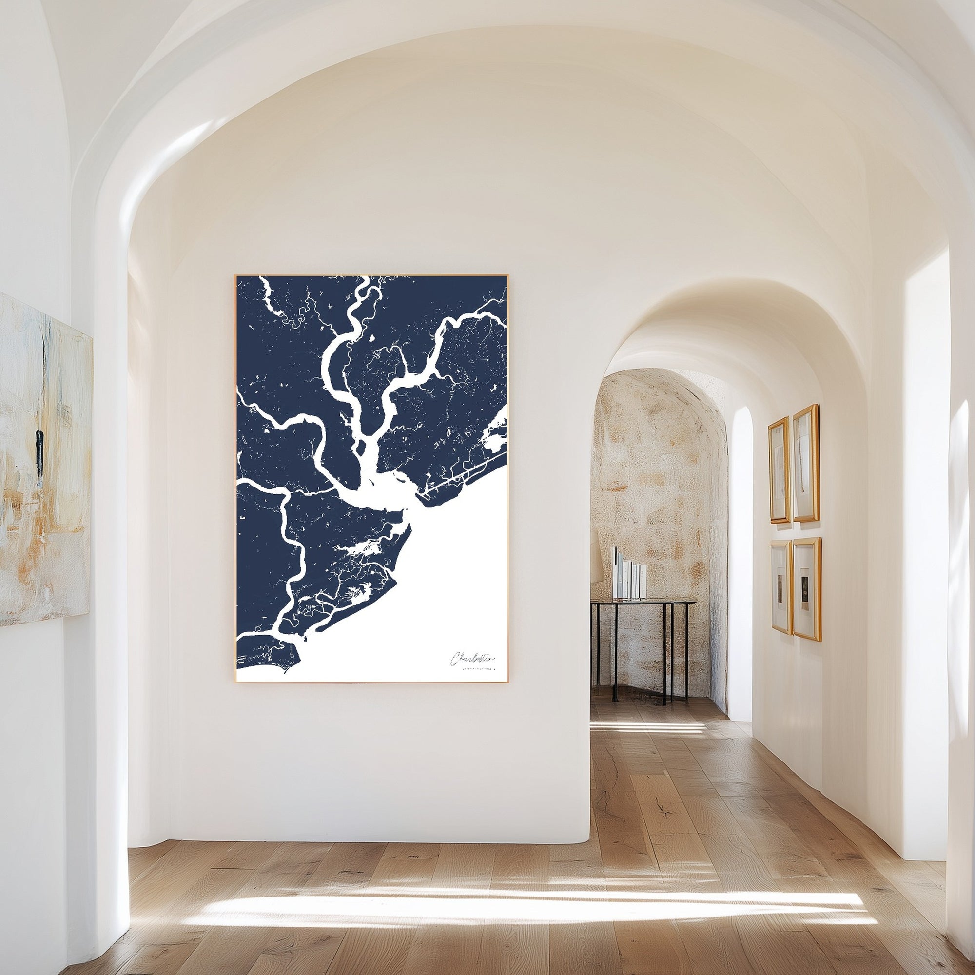 Charleston navy vertical canvas map in the Bello mixed room scene