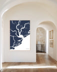 Charleston navy vertical canvas map in the Bello mixed room scene