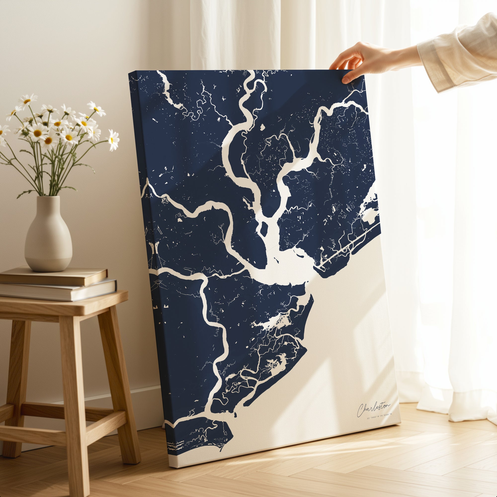 Charleston navy vertical wrapped canvas map in the ratio 2:3 hand mockup