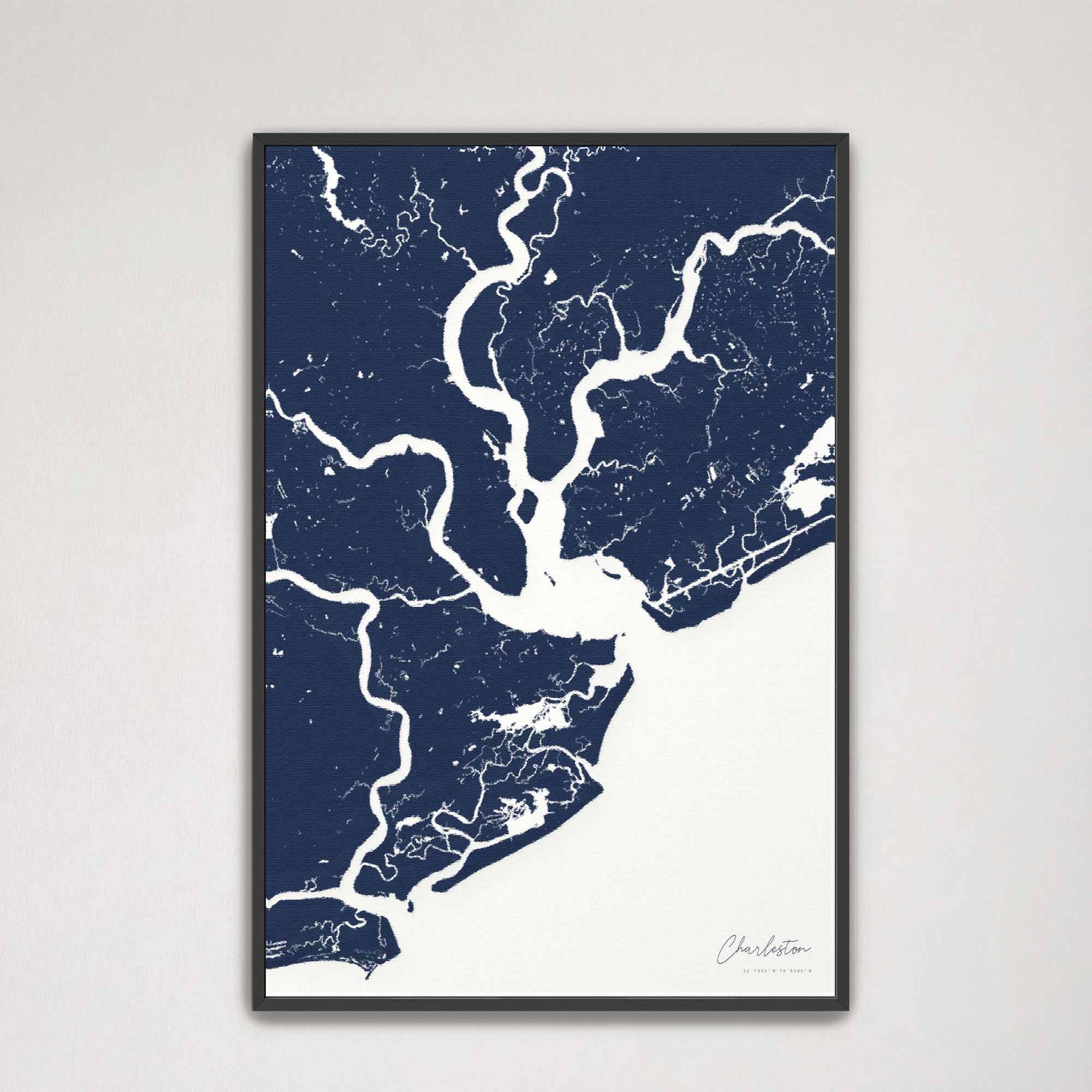 Charleston Coastal Map — Canvas Vertical, navy, Black Frame