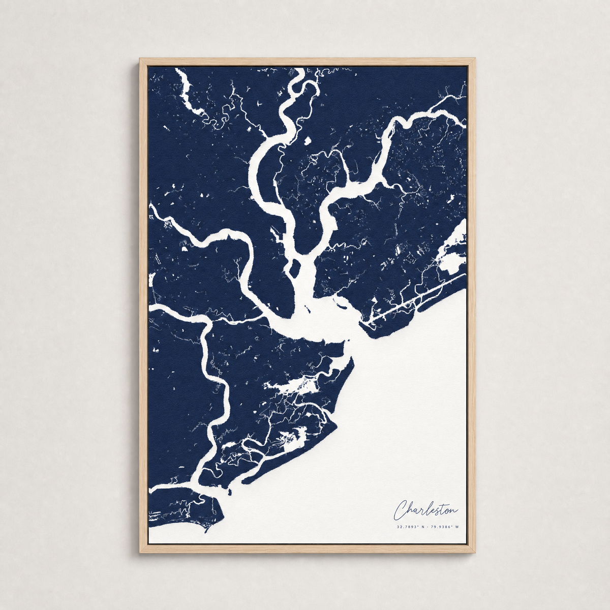 Charleston Coastal Map — Canvas Vertical — navy, Light Wood