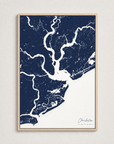 Charleston Coastal Map — Canvas Vertical — navy, Light Wood