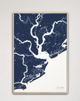 Charleston Coastal Map — Canvas Vertical, navy, Natural Oak
