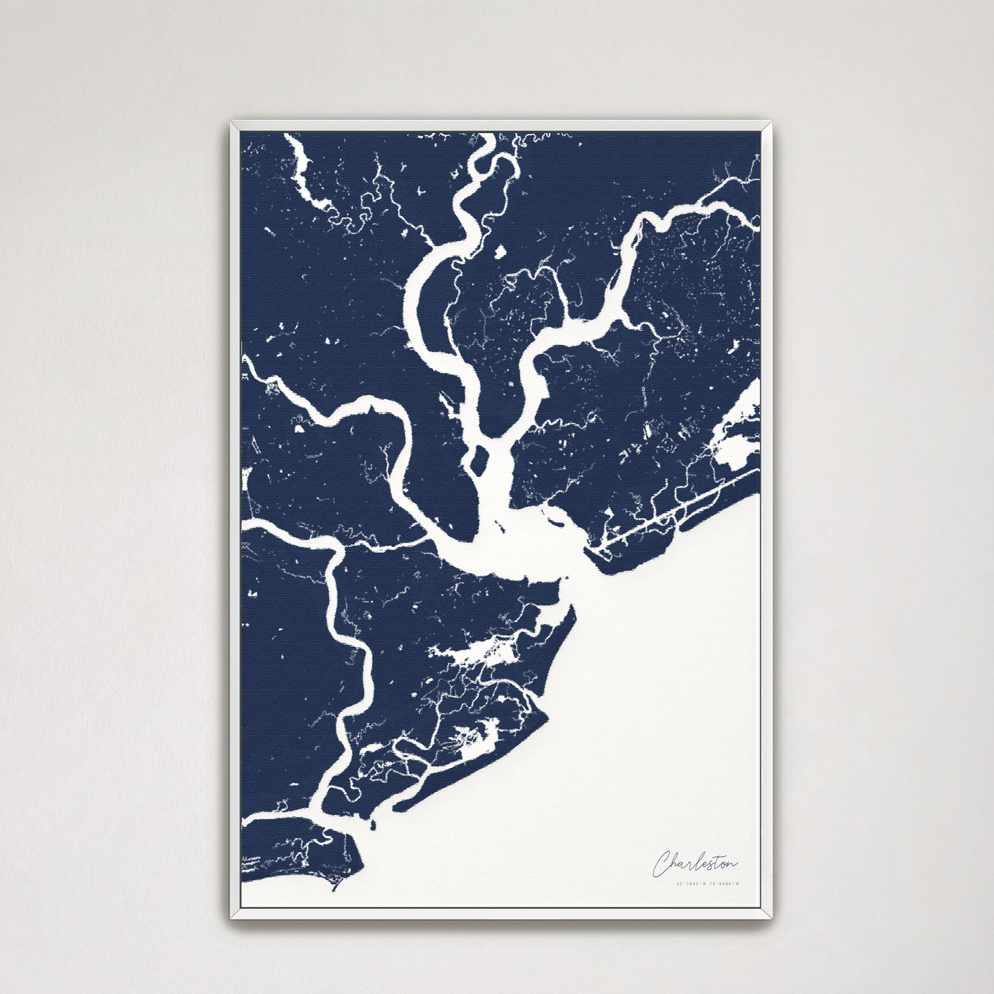 Charleston Coastal Map — Canvas Vertical, navy, White Frame