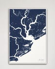Charleston Coastal Map — Canvas Vertical, navy, White Frame