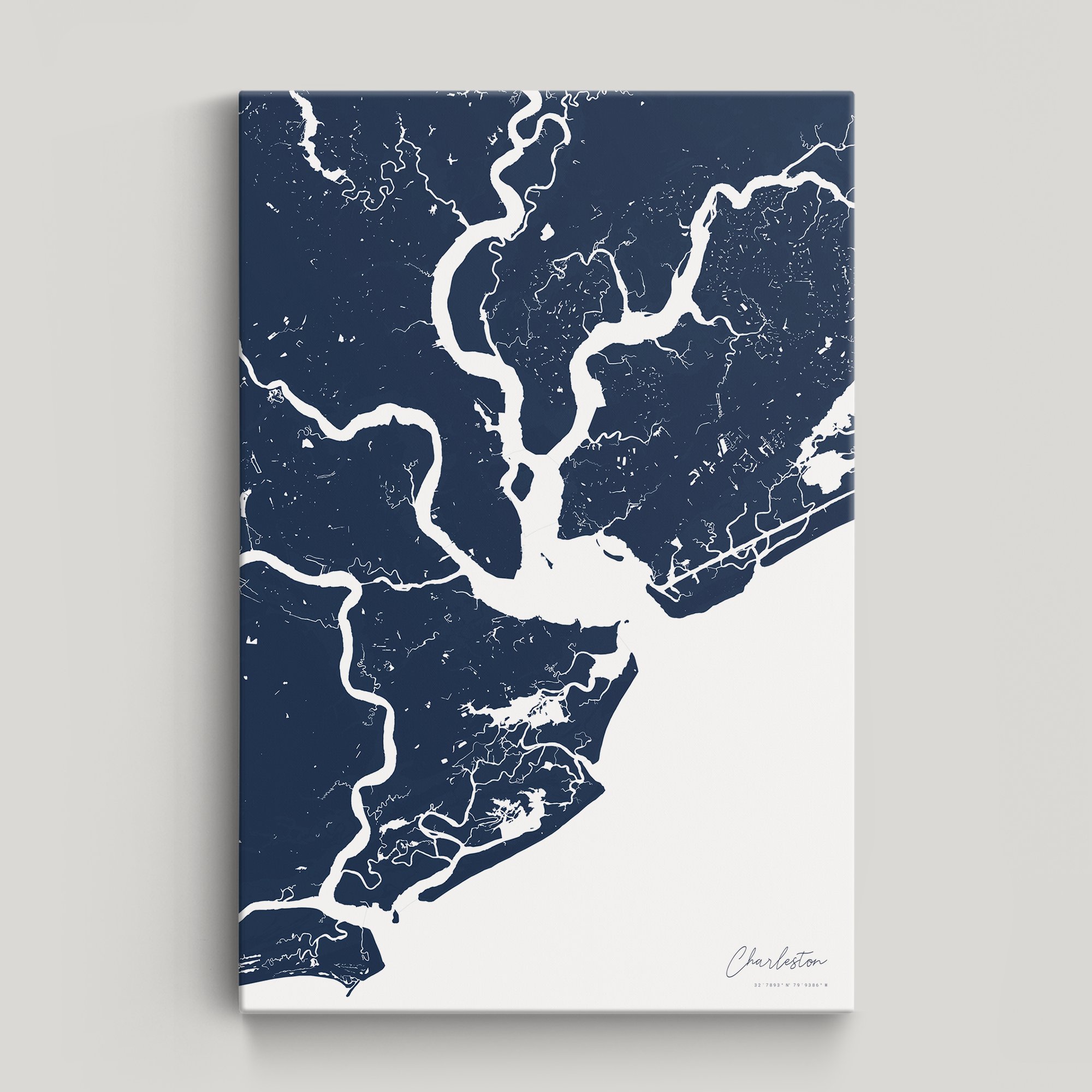 Charleston Coastal Map — Canvas Vertical, navy, No Frame