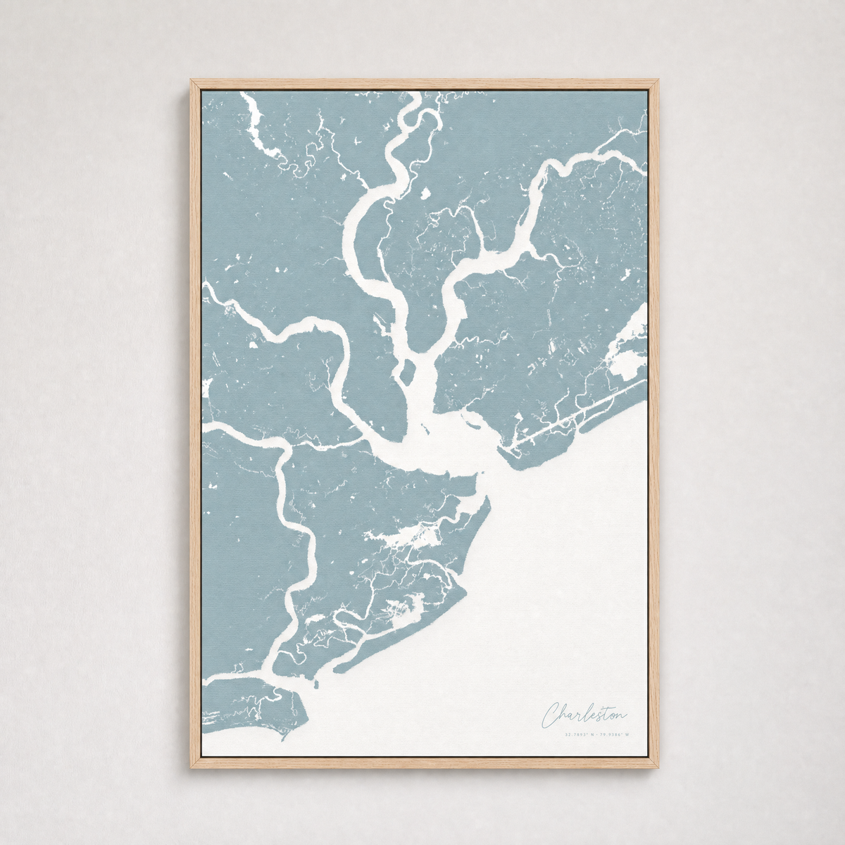 Charleston Coastal Map — Canvas Vertical — soft-blue, Light Wood
