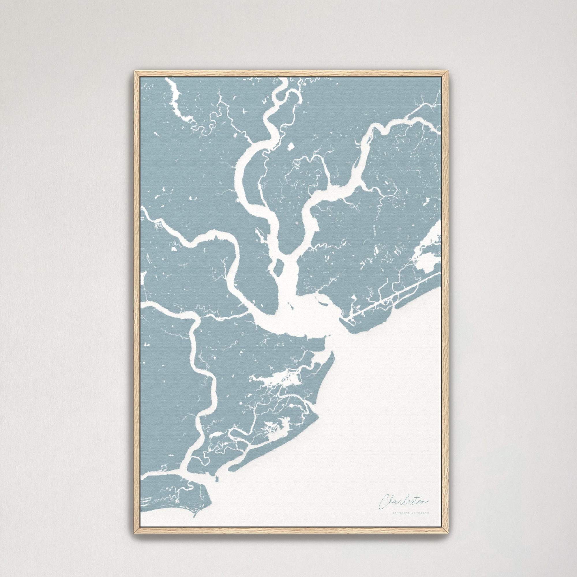 Charleston Coastal Map — Canvas Vertical, soft-blue, Natural Oak