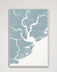 Charleston Coastal Map — Canvas Vertical, soft-blue, White Frame